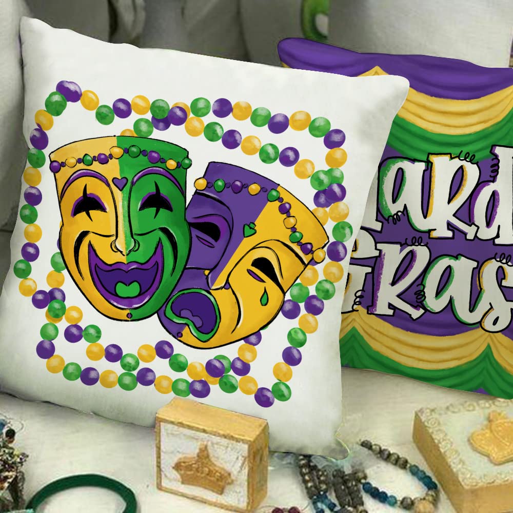 Mardi Gras Pillow Covers 18x18 Inch Set of 4 for Home Decorations - Beads, Eye Mask, Fleur De Lis Decor