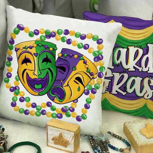 Mardi Gras Pillow Covers 18x18 Inch Set of 4 for Home Decorations - Beads, Eye Mask, Fleur De Lis Decor