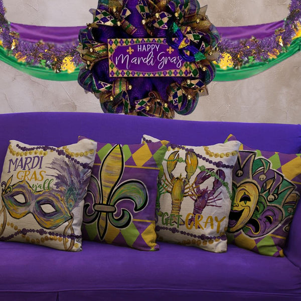 Mardi Gras Throw Pillow Covers 18 x 18 Inch Set of 4, Mardi Gras Y'all Fleur De Lis Jester Hats