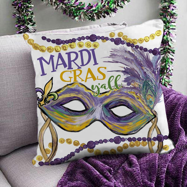 Mardi Gras Throw Pillow Covers 18 x 18 Inch Set of 4, Mardi Gras Y'all Fleur De Lis Jester Hats