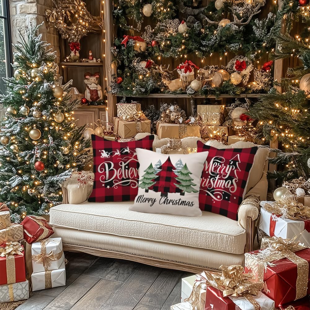 Merry Christmas Throw Pillow Covers 18x18 Inch Set of 4, Xmas Trees Truck Buffalo Plaid Believe