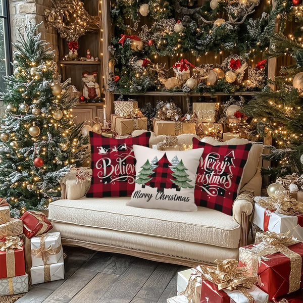Merry Christmas Throw Pillow Covers 18x18 Inch Set of 4, Xmas Trees Truck Buffalo Plaid Believe