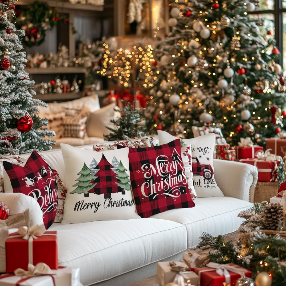 Merry Christmas Throw Pillow Covers 18x18 Inch Set of 4, Xmas Trees Truck Buffalo Plaid Believe