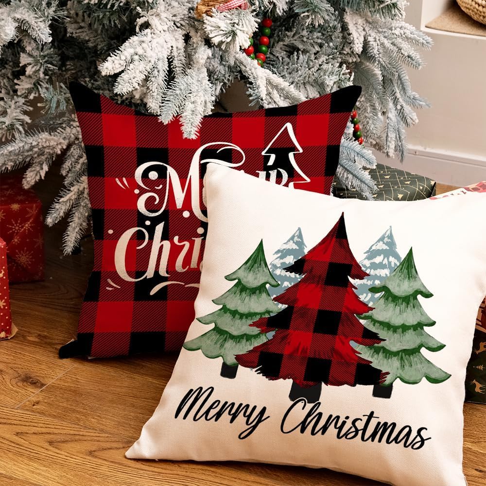 Merry Christmas Throw Pillow Covers 18x18 Inch Set of 4, Xmas Trees Truck Buffalo Plaid Believe