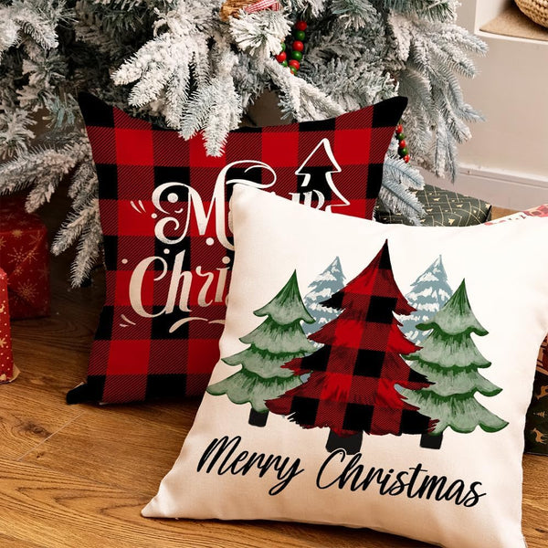 Merry Christmas Throw Pillow Covers 18x18 Inch Set of 4, Xmas Trees Truck Buffalo Plaid Believe