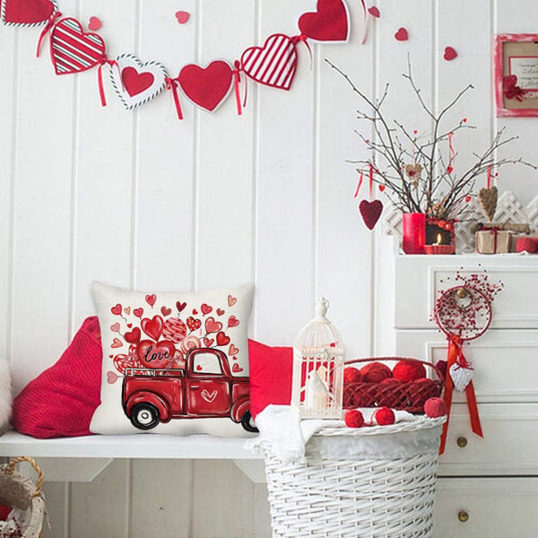 Valentine's Day Be Mine Love You More Throw Pillow Covers 18x18 Set of 4, Red Heart Balloon Truck Mason Jar Stripes