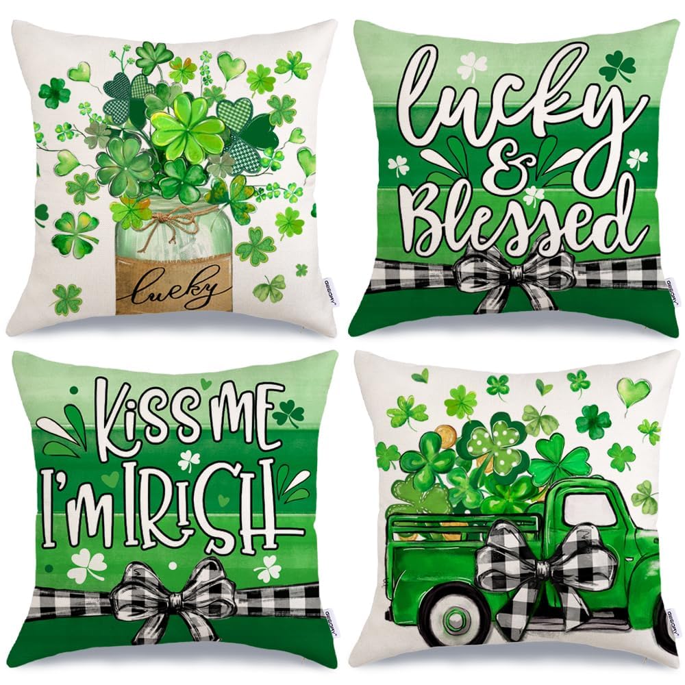 St Patricks Day Shamrock Mason Jar Truck Lucky Throw Pillow Covers 18x18 Inch Set of 4, Green Striped