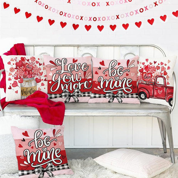 Valentine's Day Be Mine Love You More Throw Pillow Covers 18x18 Set of 4, Red Heart Balloon Truck Mason Jar Stripes