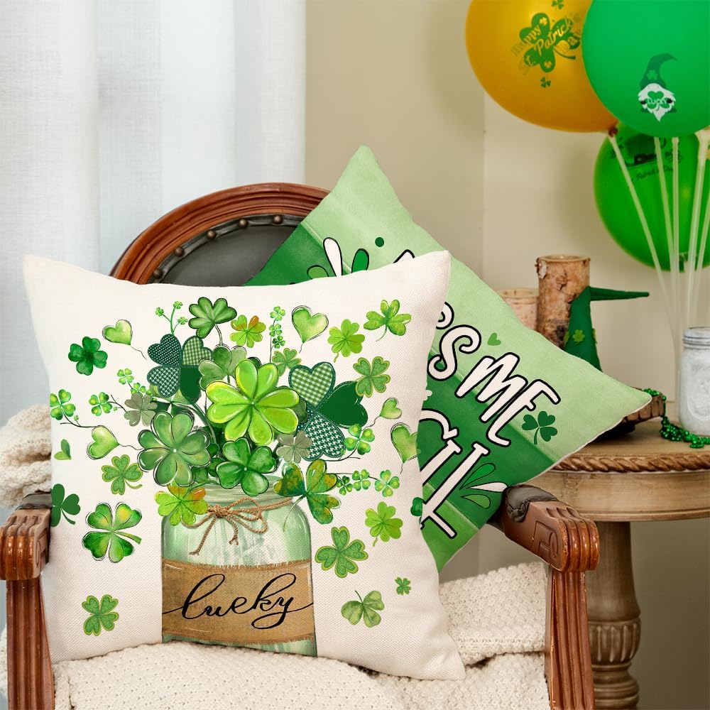 St Patricks Day Shamrock Mason Jar Truck Lucky Throw Pillow Covers 18x18 Inch Set of 4, Green Striped