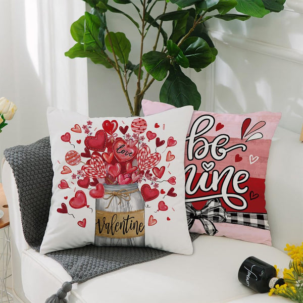 Valentine's Day Be Mine Love You More Throw Pillow Covers 18x18 Set of 4, Red Heart Balloon Truck Mason Jar Stripes
