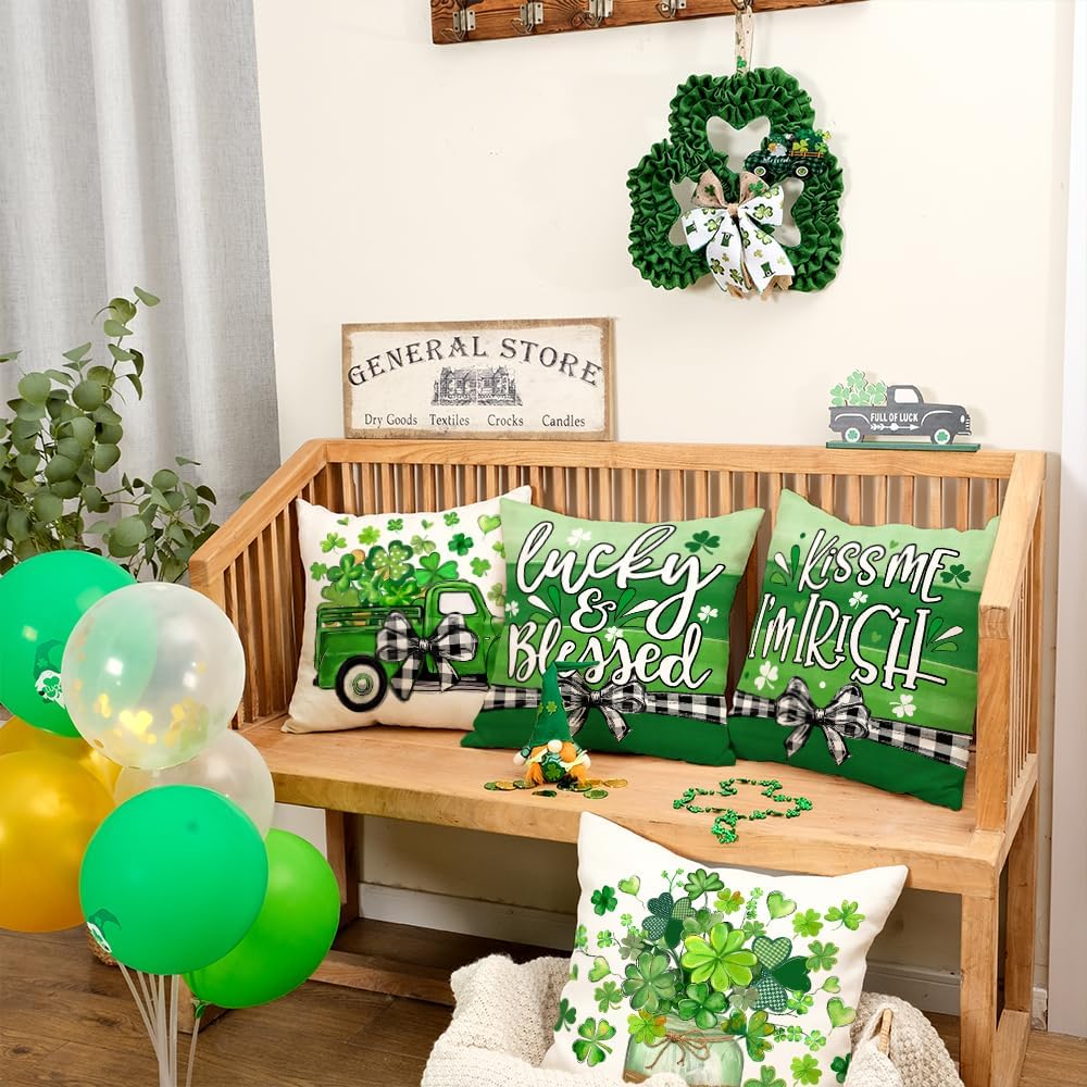 St Patricks Day Shamrock Mason Jar Truck Lucky Throw Pillow Covers 18x18 Inch Set of 4, Green Striped
