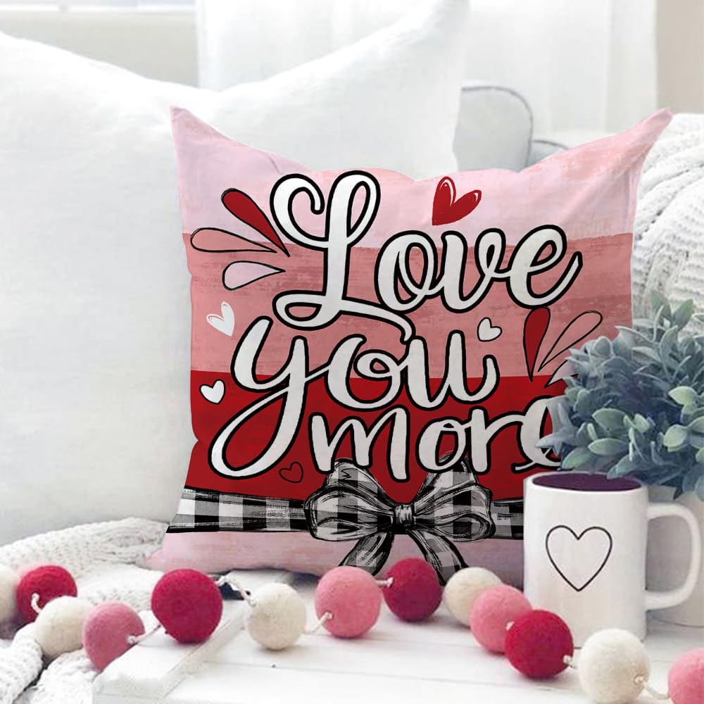 Valentine's Day Be Mine Love You More Throw Pillow Covers 18x18 Set of 4, Red Heart Balloon Truck Mason Jar Stripes