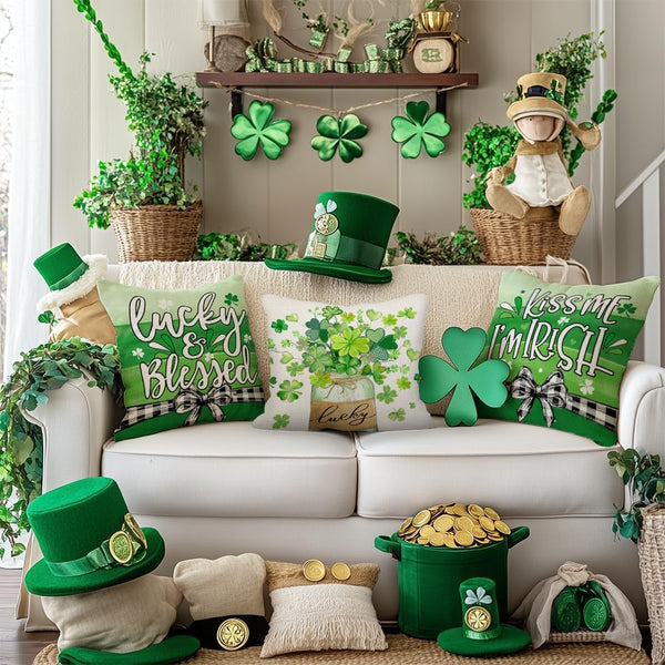 St Patricks Day Shamrock Mason Jar Truck Lucky Throw Pillow Covers 18x18 Inch Set of 4, Green Striped