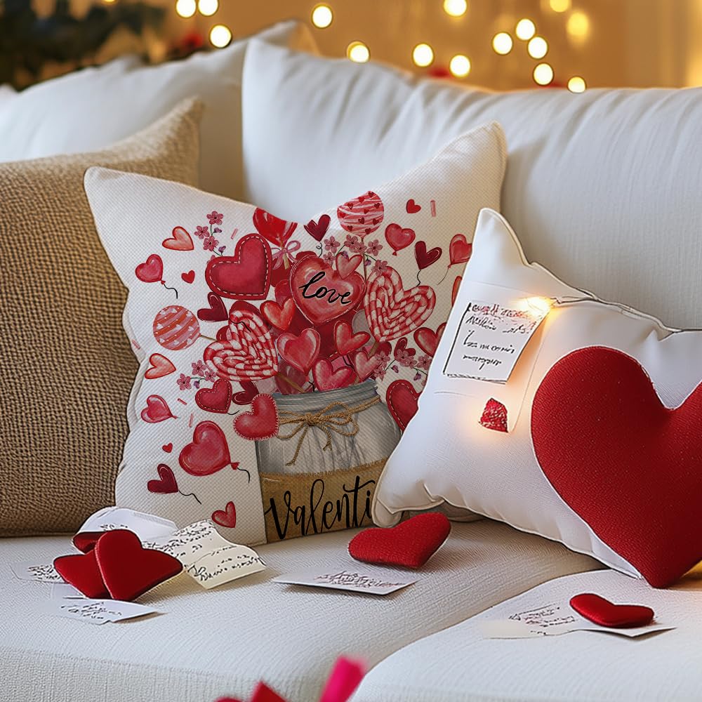Valentine's Day Be Mine Love You More Throw Pillow Covers 18x18 Set of 4, Red Heart Balloon Truck Mason Jar Stripes