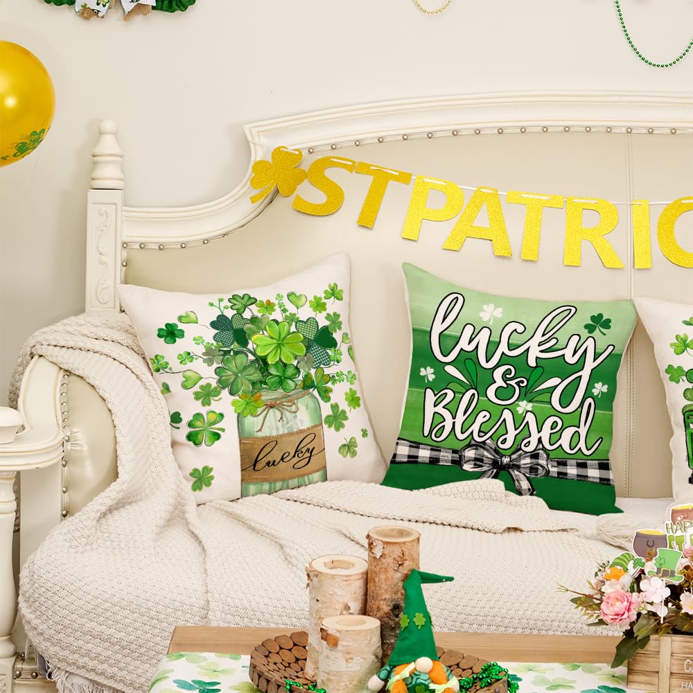 St Patricks Day Shamrock Mason Jar Truck Lucky Throw Pillow Covers 18x18 Inch Set of 4, Green Striped