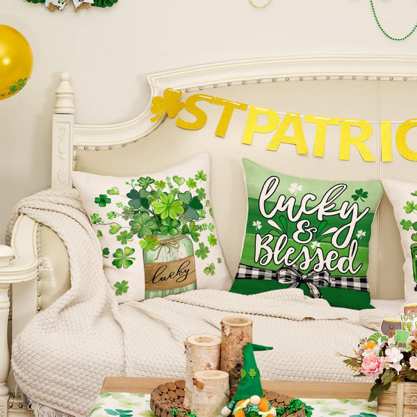 St Patricks Day Shamrock Mason Jar Truck Lucky Throw Pillow Covers 18x18 Inch Set of 4, Green Striped
