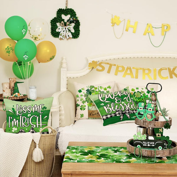 St Patricks Day Shamrock Mason Jar Truck Lucky Throw Pillow Covers 18x18 Inch Set of 4, Green Striped