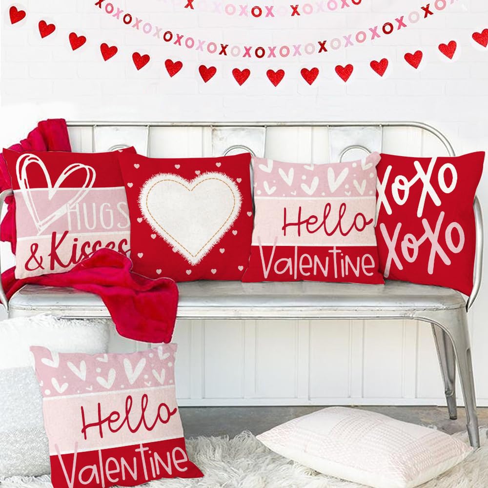 Valentine's Day Hello Valentine Hugs & Kisses Throw Pillow Covers 18x18 Inch Set of 4