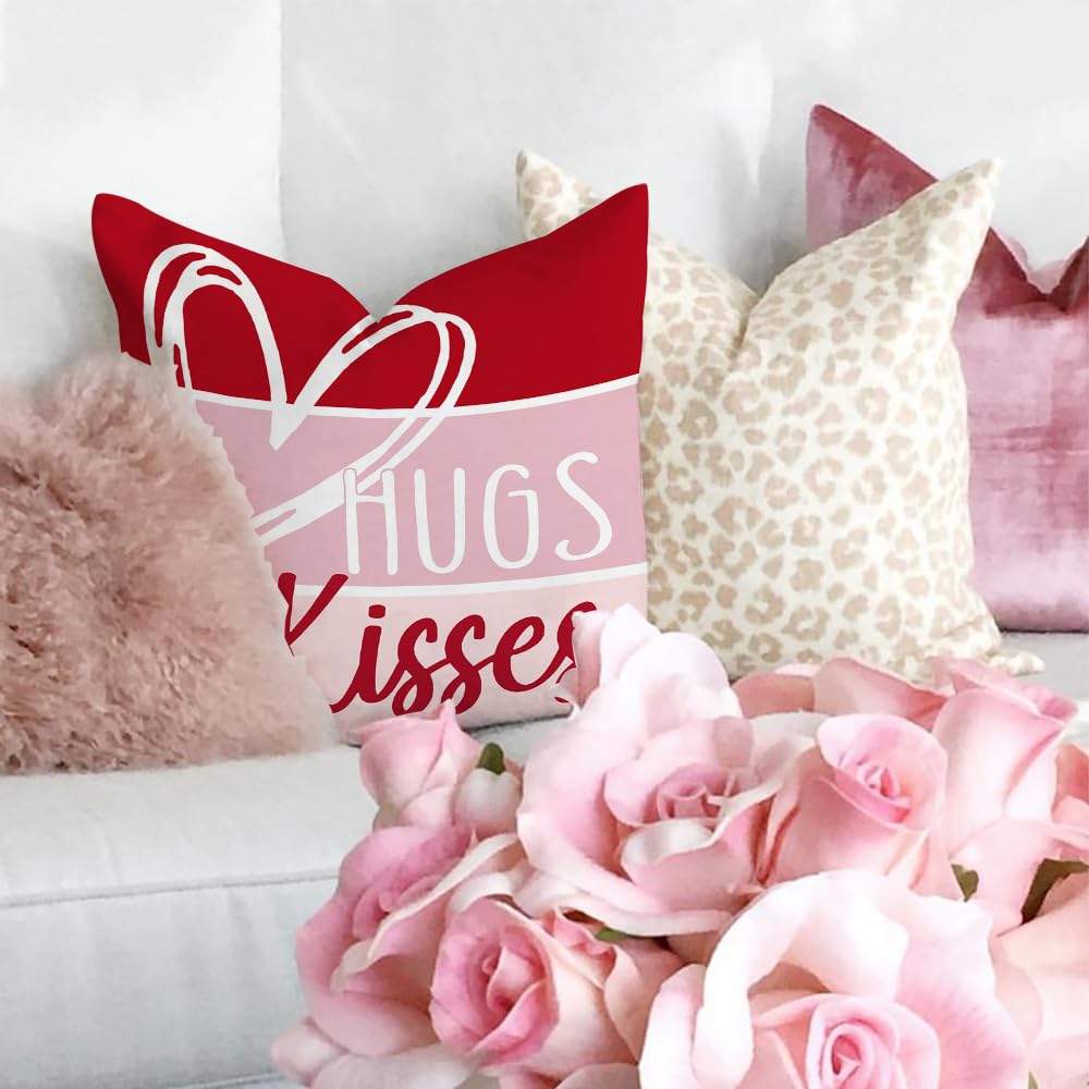 Valentine's Day Hello Valentine Hugs & Kisses Throw Pillow Covers 18x18 Inch Set of 4