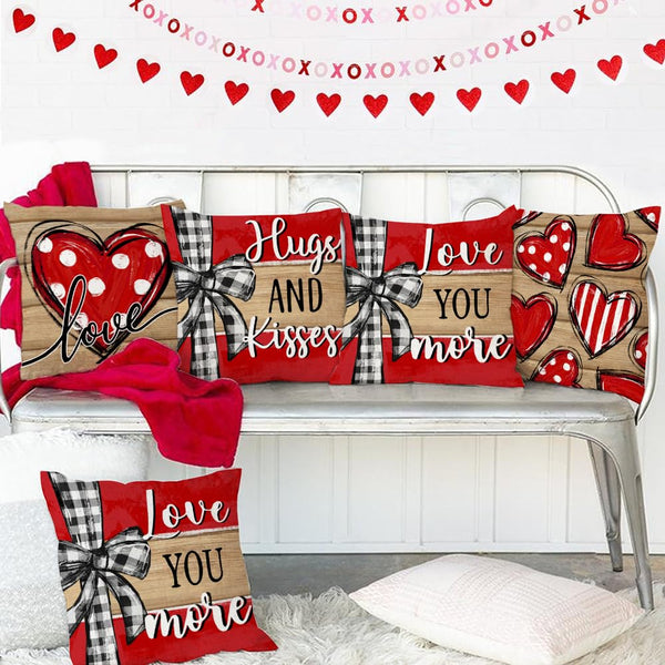 Valentine's Day Love You More Hugs and Kisses Throw Pillow Covers 18x18 Inch Set of 4