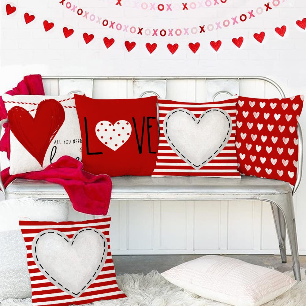 Valentine's Day Throw Pillow Covers 18x18 Inch Set of 4, Valentines Red Hearts Love You More