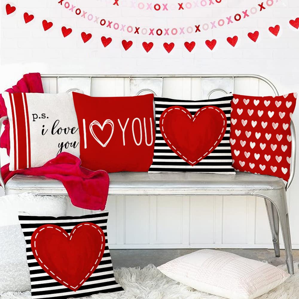 Valentine's Day Pillow Covers 18 x 18 Inch Set of 4 - Red Black Stripes Love Heart I Love You