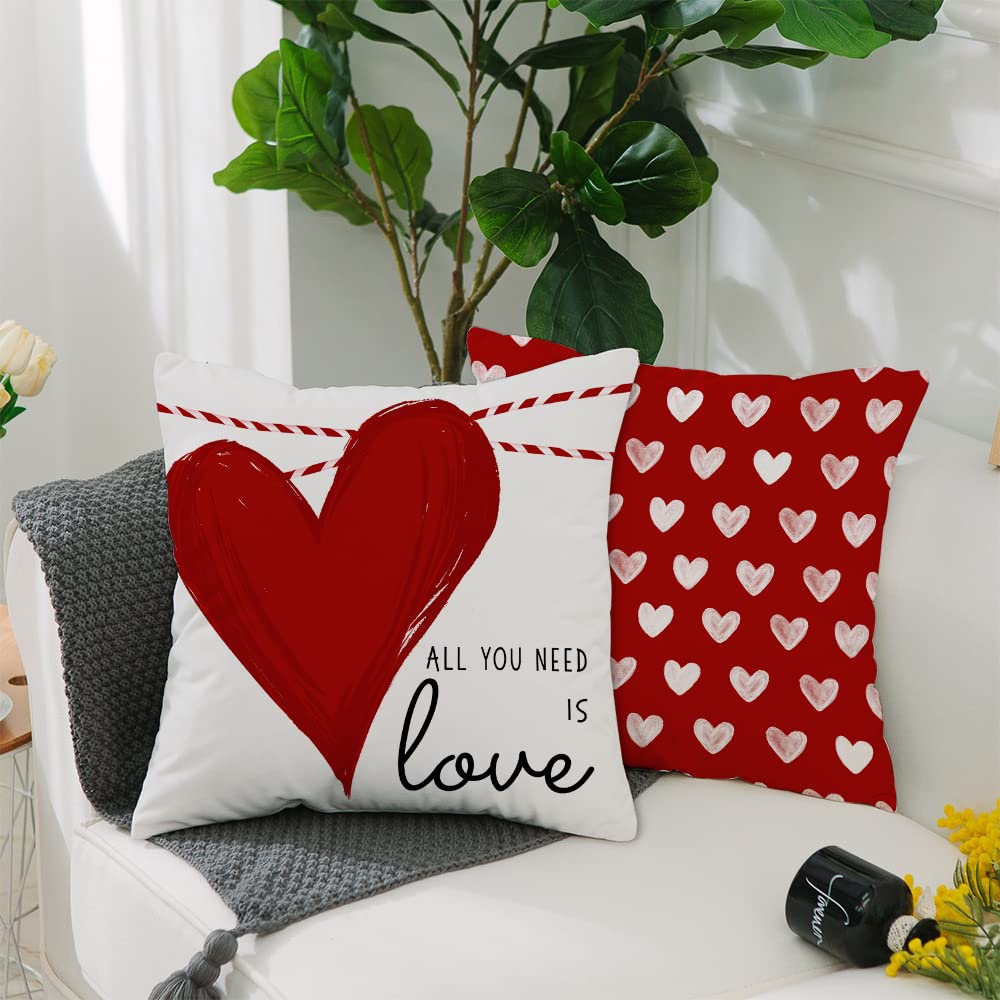 Valentine's Day Throw Pillow Covers 18x18 Inch Set of 4, Valentines Red Hearts Love You More