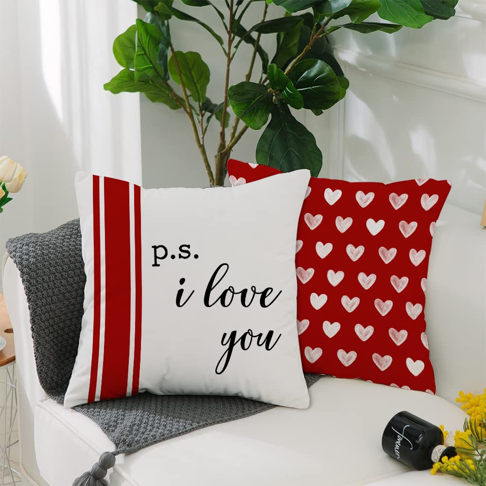 Valentine's Day Pillow Covers 18 x 18 Inch Set of 4 - Red Black Stripes Love Heart I Love You