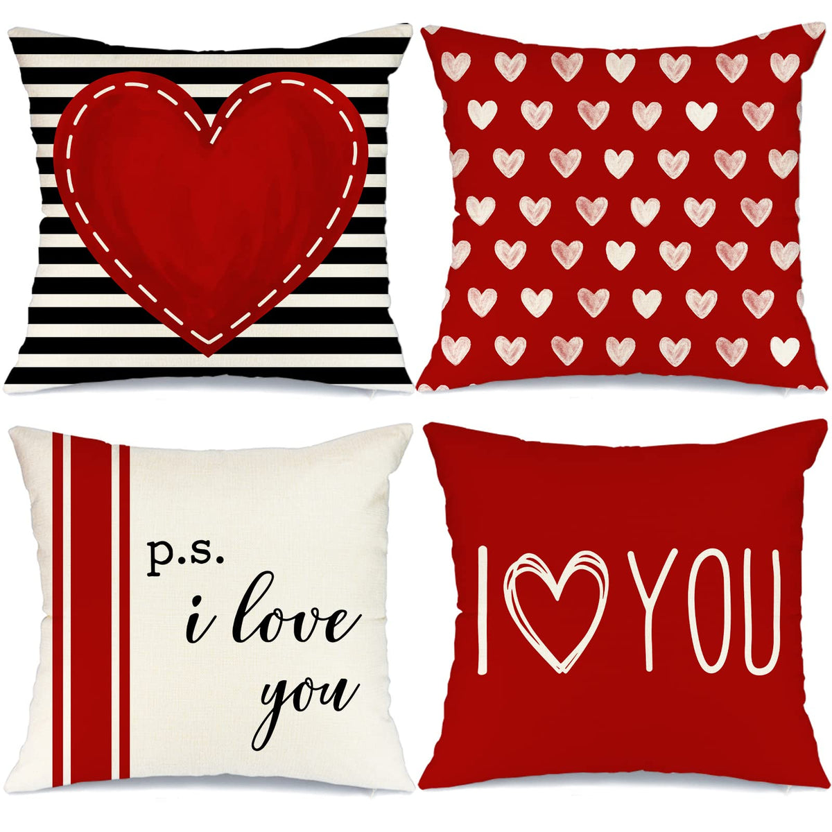 Valentine's Day Pillow Covers 18 x 18 Inch Set of 4 - Red Black Stripes Love Heart I Love You