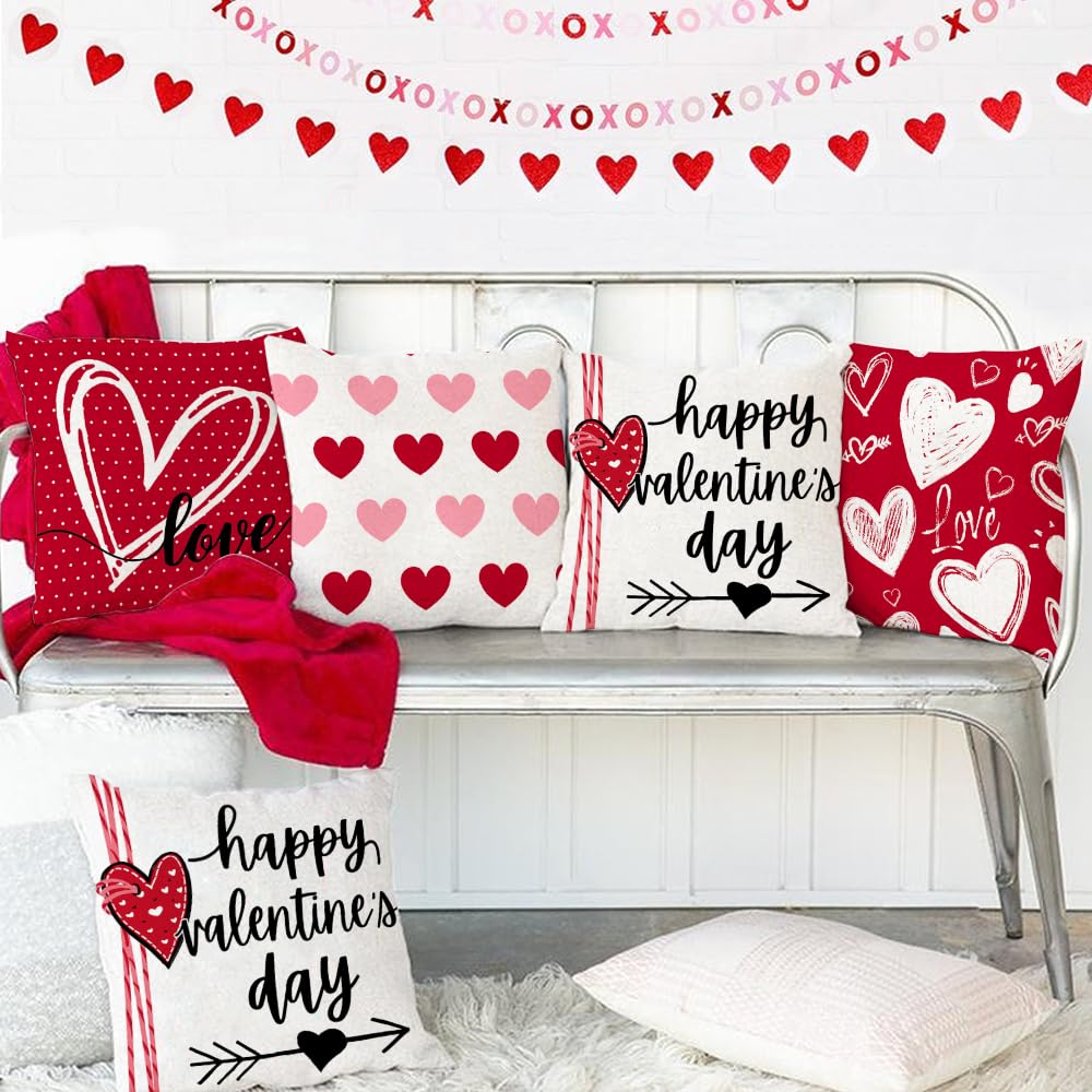 Happy Valentine's Day Love Throw Pillow Covers 18x18 Inch Set of 4, Hearts Polka Dots Decorative