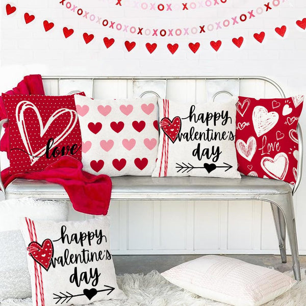 Happy Valentine's Day Love Throw Pillow Covers 18x18 Inch Set of 4, Hearts Polka Dots Decorative