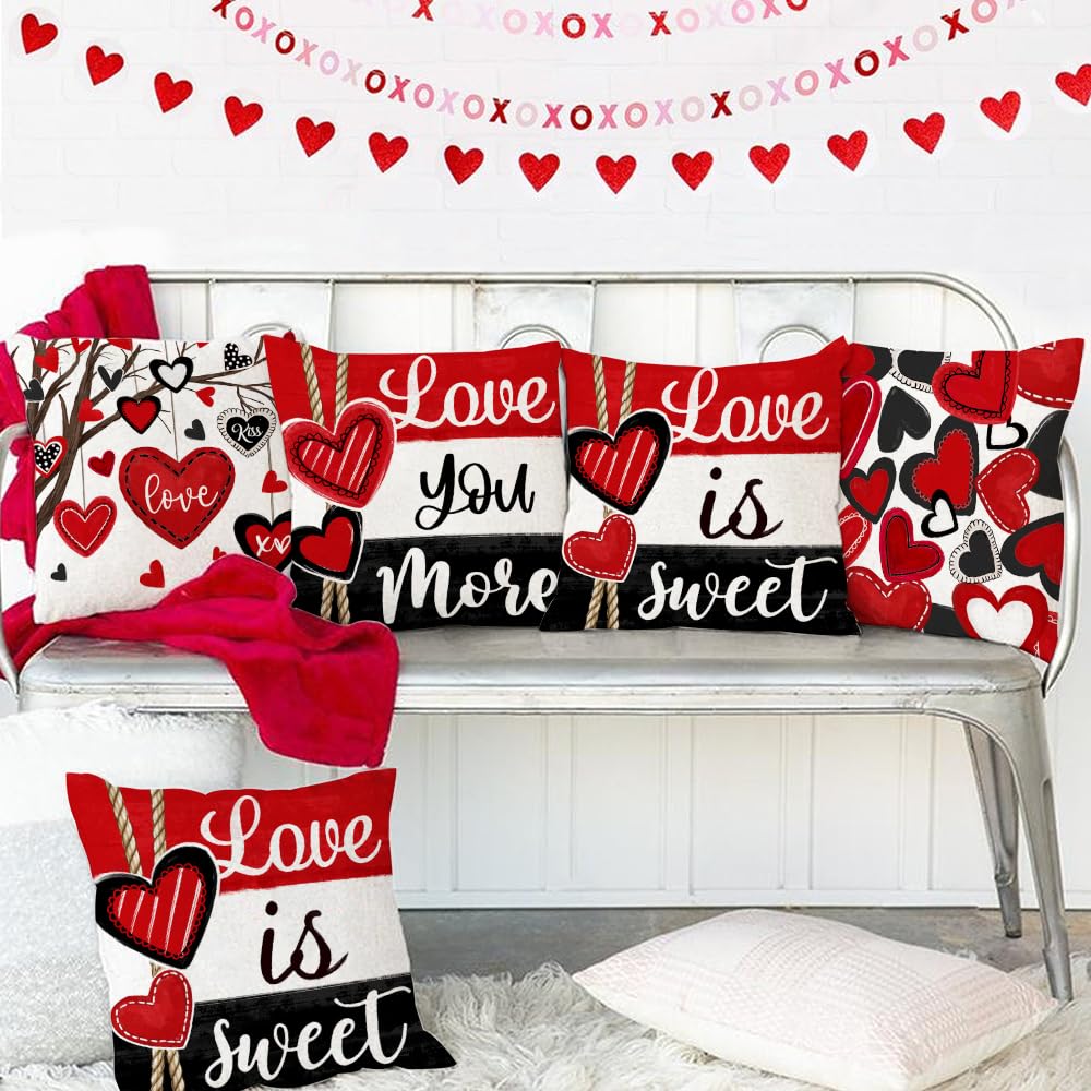 Valentine's Day Throw Pillow Covers 18x18 Inch Set of 4, Valentines Red Black Hearts Love You More