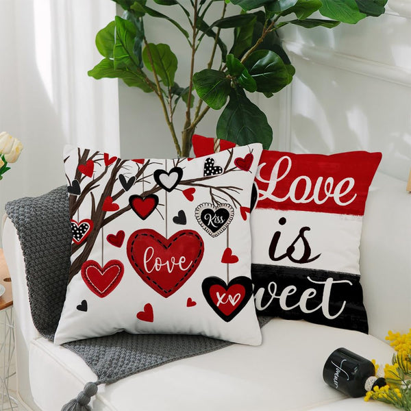 Valentine's Day Throw Pillow Covers 18x18 Inch Set of 4, Valentines Red Black Hearts Love You More