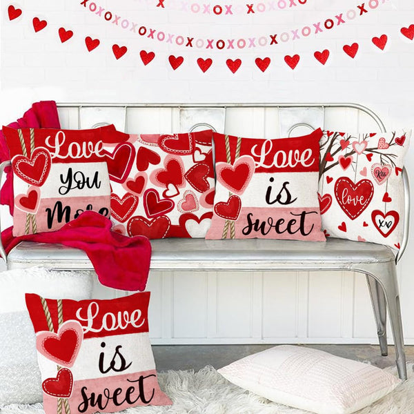 Valentine's Day Throw Pillow Covers 18x18 Inch Set of 4, Valentines Red Hearts Love You More