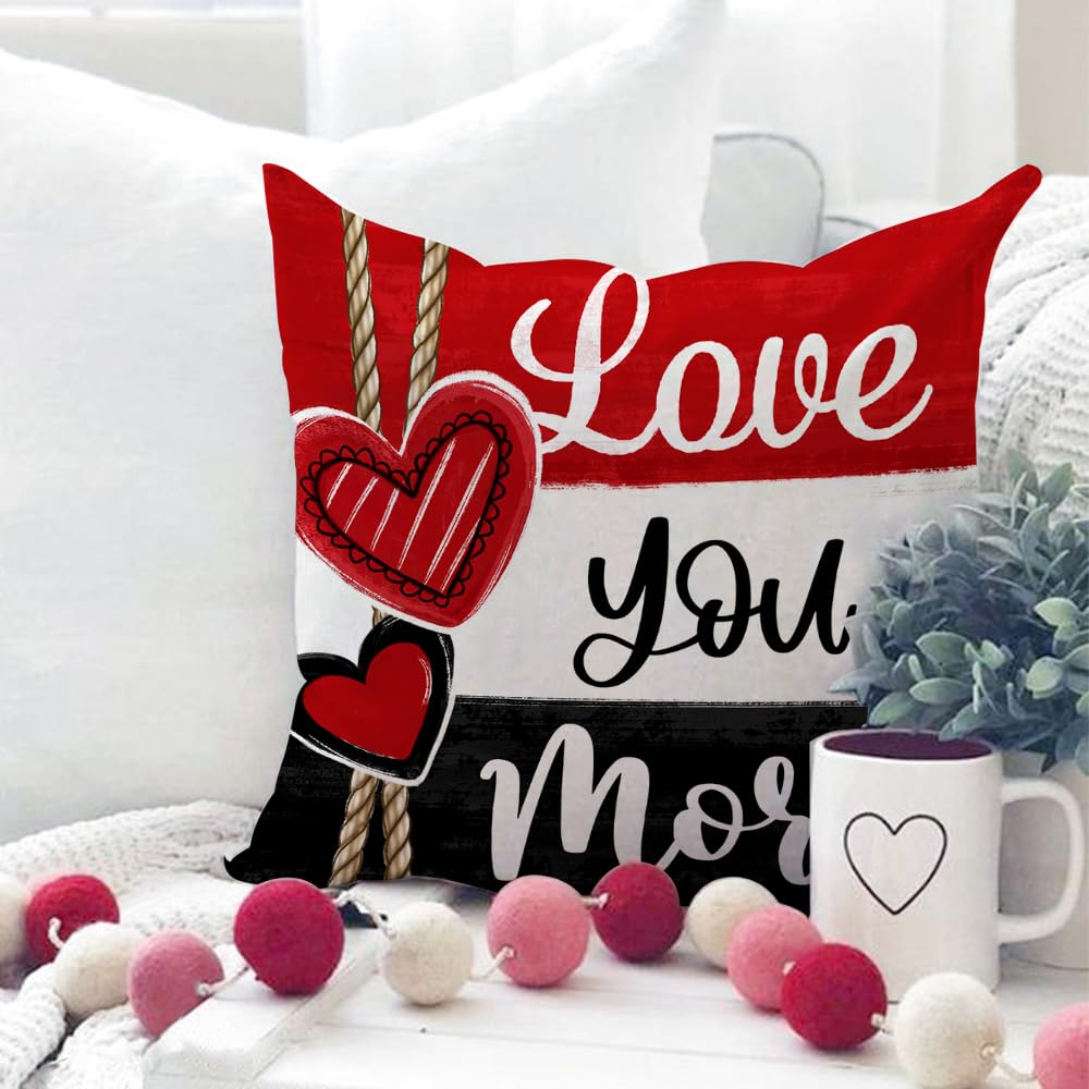 Valentine's Day Throw Pillow Covers 18x18 Inch Set of 4, Valentines Red Black Hearts Love You More