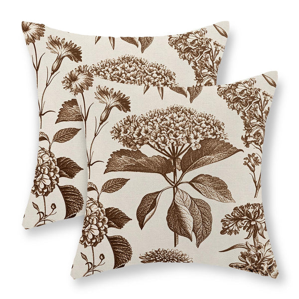 Brown Pillow Covers 18x18 Set of 2 Vintage Boho Floral Hydrangea Herbs Botanical