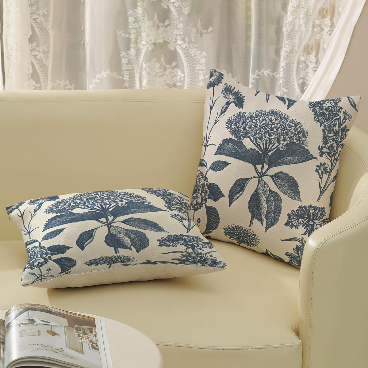 Blue Pillow Covers 18x18 Set of 2 Vintage Boho Floral Hydrangea Herbs Botanical