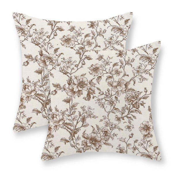 Brown Pillow Covers 18x18 Set of 2 Brown and Cream Floral Chinoiserie Throw Pillows Vintage