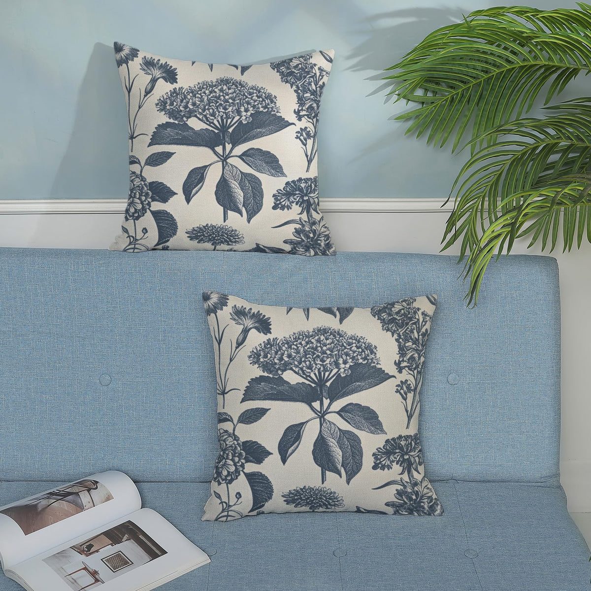Blue Pillow Covers 18x18 Set of 2 Vintage Boho Floral Hydrangea Herbs Botanical