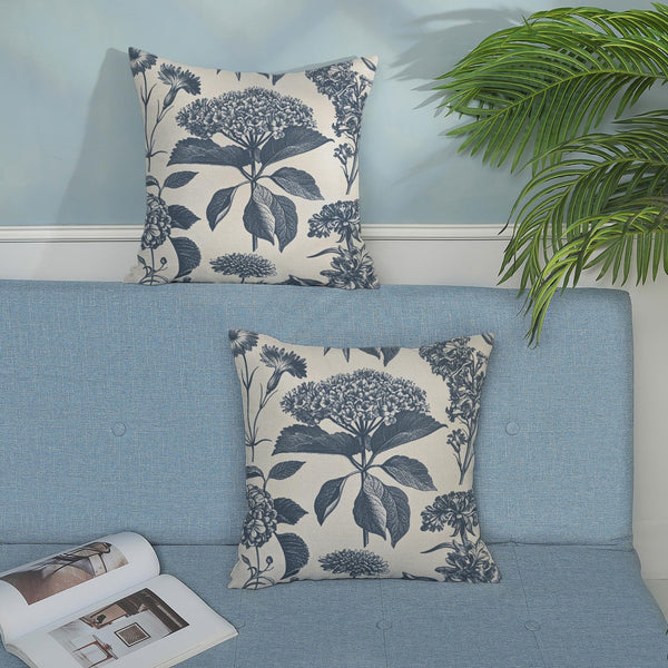 Blue Pillow Covers 18x18 Set of 2 Vintage Boho Floral Hydrangea Herbs Botanical