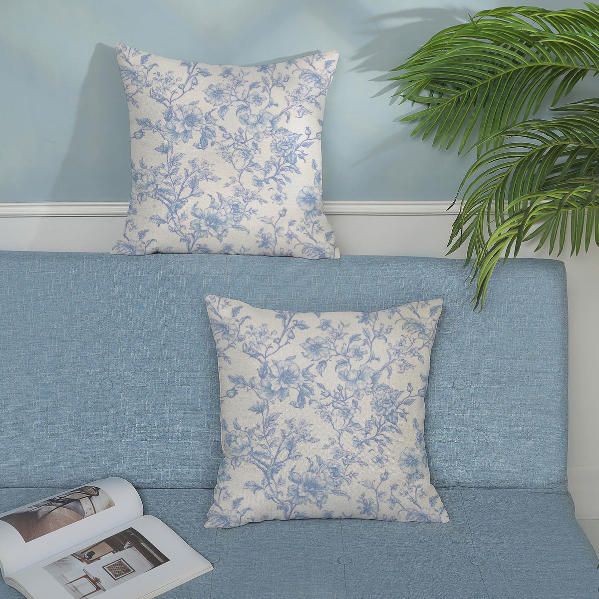 Baby Blue Pillow Covers 18x18 Set of 2 Blue and Cream Toile Floral Chinoiserie Throw Pillows