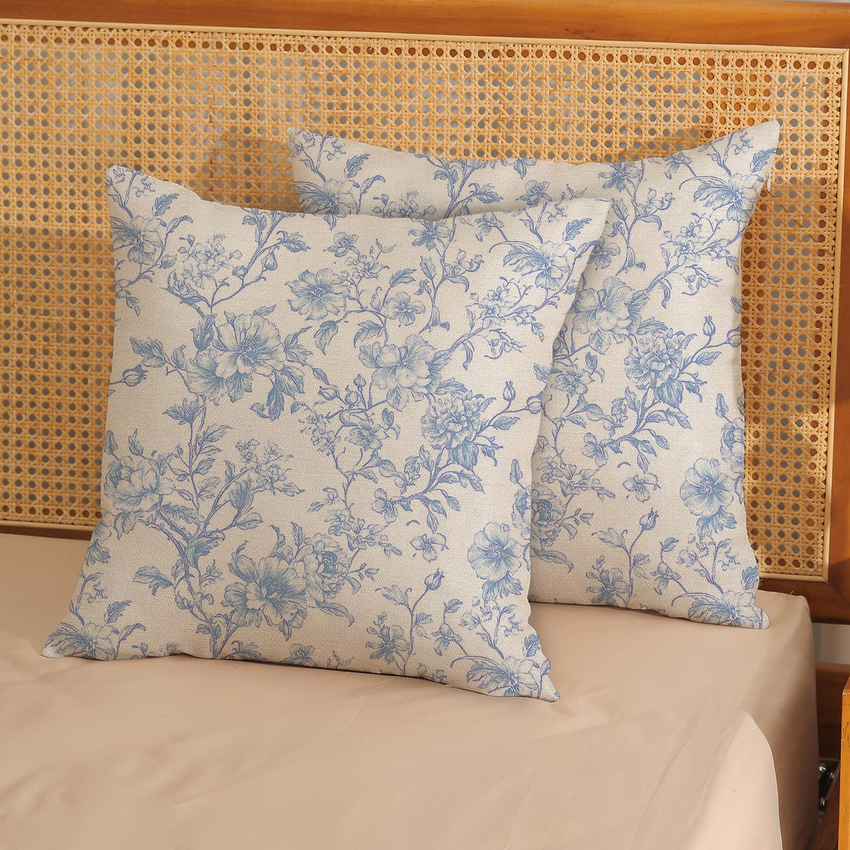 Baby Blue Pillow Covers 18x18 Set of 2 Blue and Cream Toile Floral Chinoiserie Throw Pillows