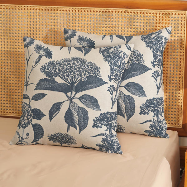 Blue Pillow Covers 18x18 Set of 2 Vintage Boho Floral Hydrangea Herbs Botanical