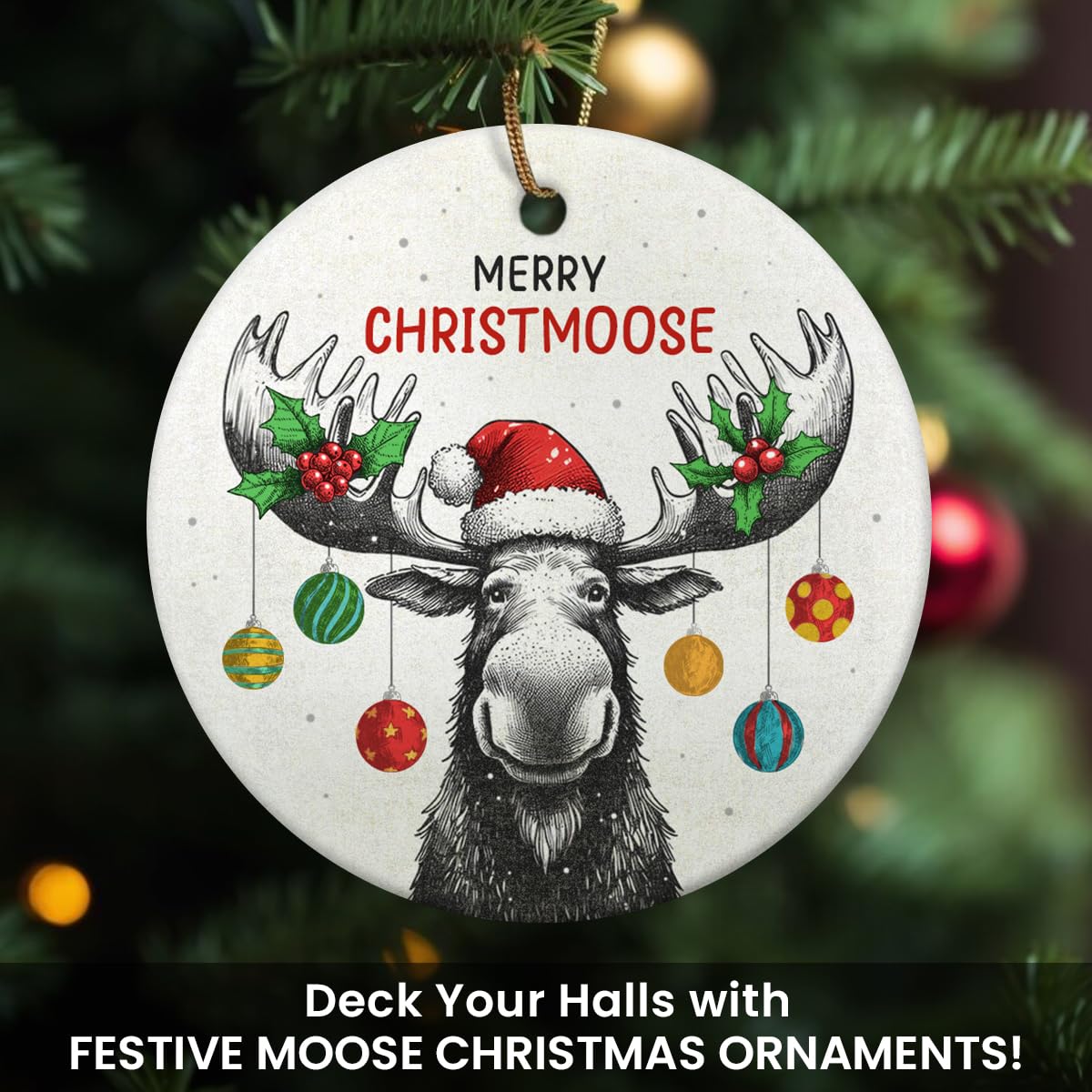 Funny Moose Christmas Ornaments - 2025 Double Sided Ceramic Moose Ornament, Moose Hunting Keepsake