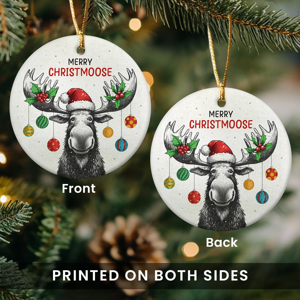 Funny Moose Christmas Ornaments - 2025 Double Sided Ceramic Moose Ornament, Moose Hunting Keepsake