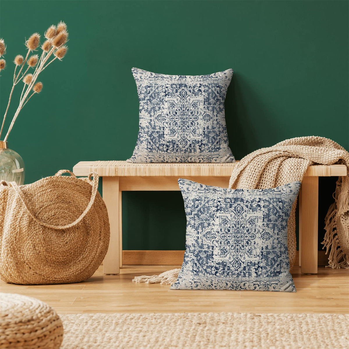 Boho Pillow Covers 18x18 Set of 2, Ethnic Design Decorative Throw Pillows Linen Blue Carpet