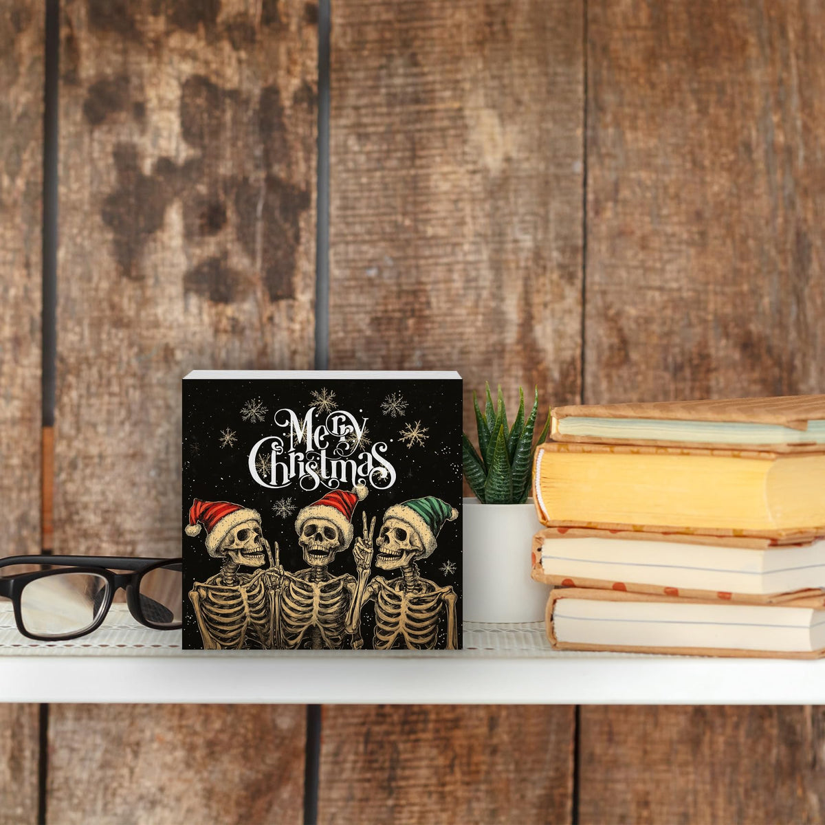 Gothic Christmas Decor, Funny Skeleton Santa Christmas Wooden Box Sign, FunnyChristmas Decorations