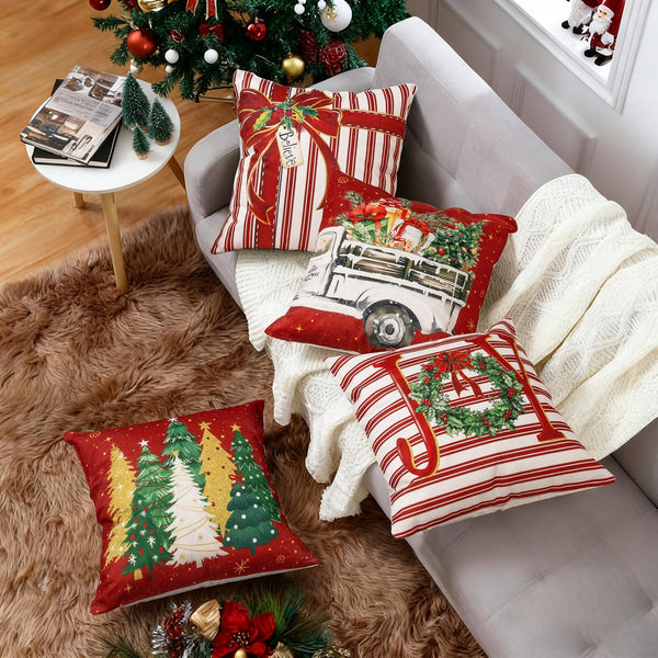 Red Christmas Throw Pillow Covers 18x18 Inch Set of 4, Winter Holiday Xmas Trees Joy Wreath Bow Vintage Truck