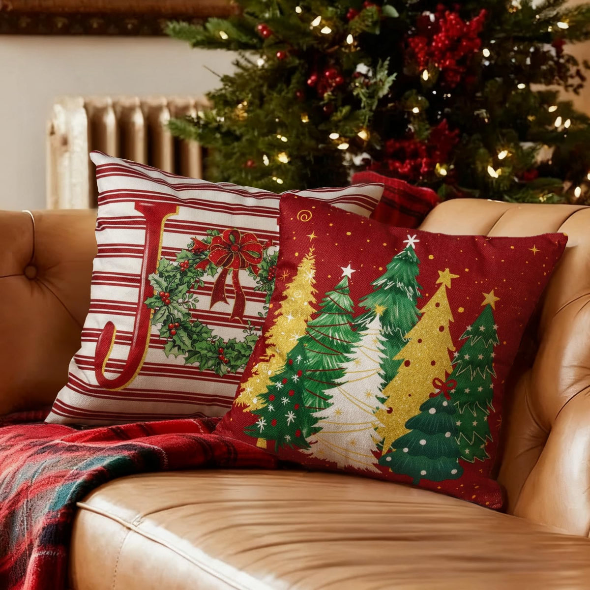 Red Christmas Throw Pillow Covers 18x18 Inch Set of 4, Winter Holiday Xmas Trees Joy Wreath Bow Vintage Truck