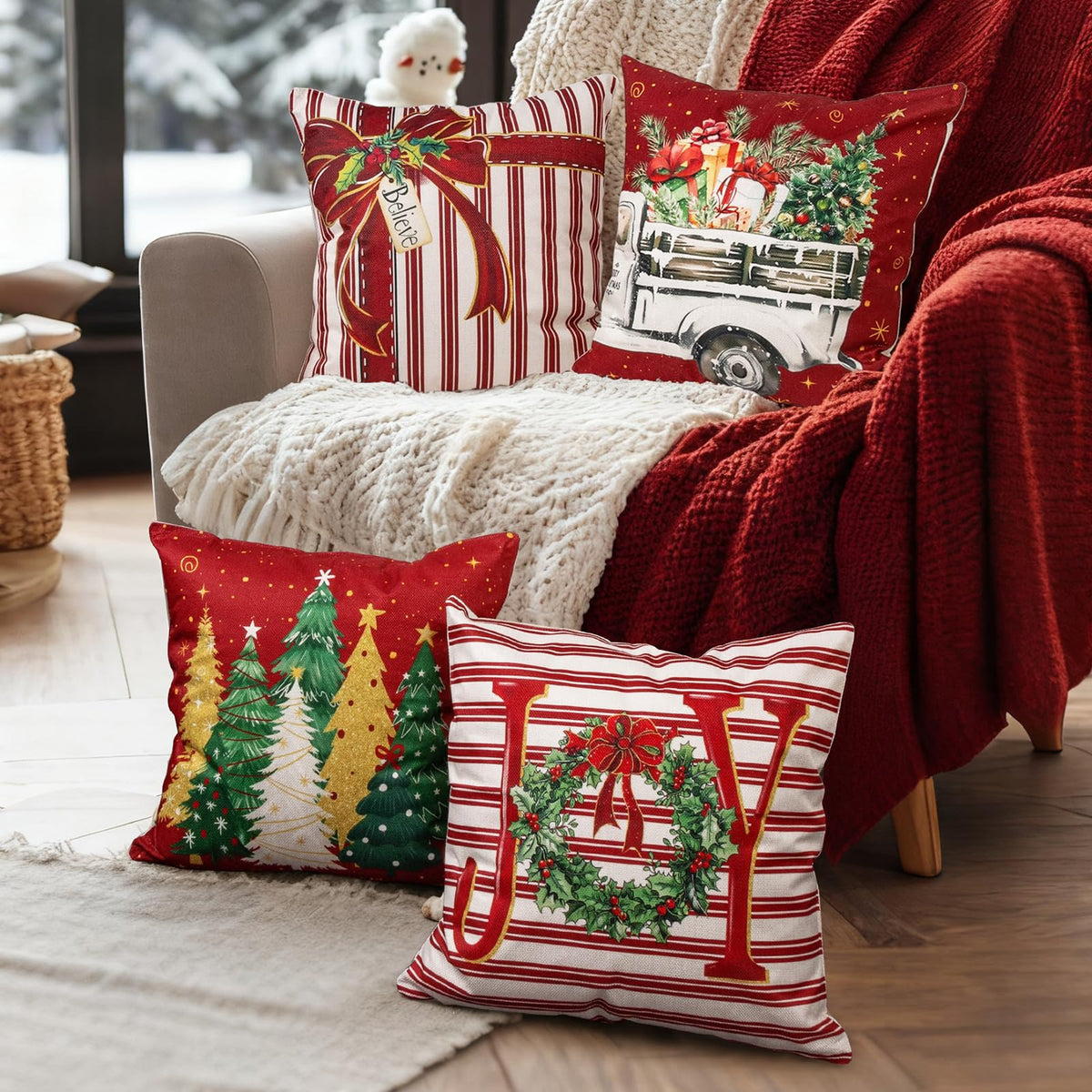 Red Christmas Throw Pillow Covers 18x18 Inch Set of 4, Winter Holiday Xmas Trees Joy Wreath Bow Vintage Truck